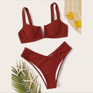 Rib Knit VNeck Underwired High Cut Bikini Swimsuit